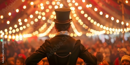 Ringmaster confidently observes audience inside circus tent with cameras facing away. Concept Circus, Ringmaster, Audience, Tent, Confidence photo