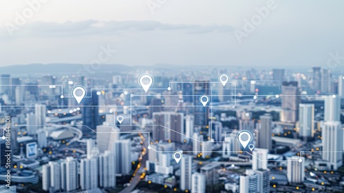 A city skyline with glowing location pins connected by lines, representing a modern, digital city