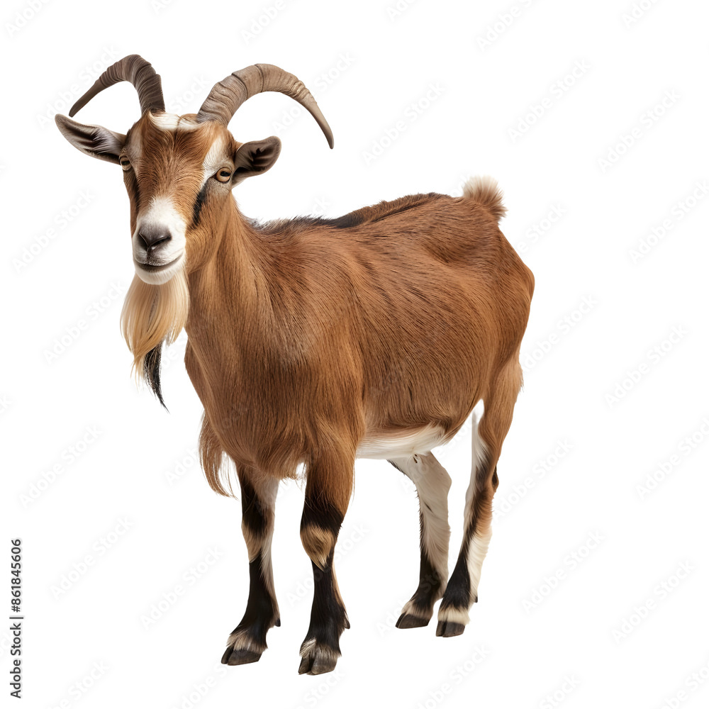 Fototapeta premium Brown domestic goat with distinct horns and prominent beard stands facing forward isolated on a transparent background for design projects.