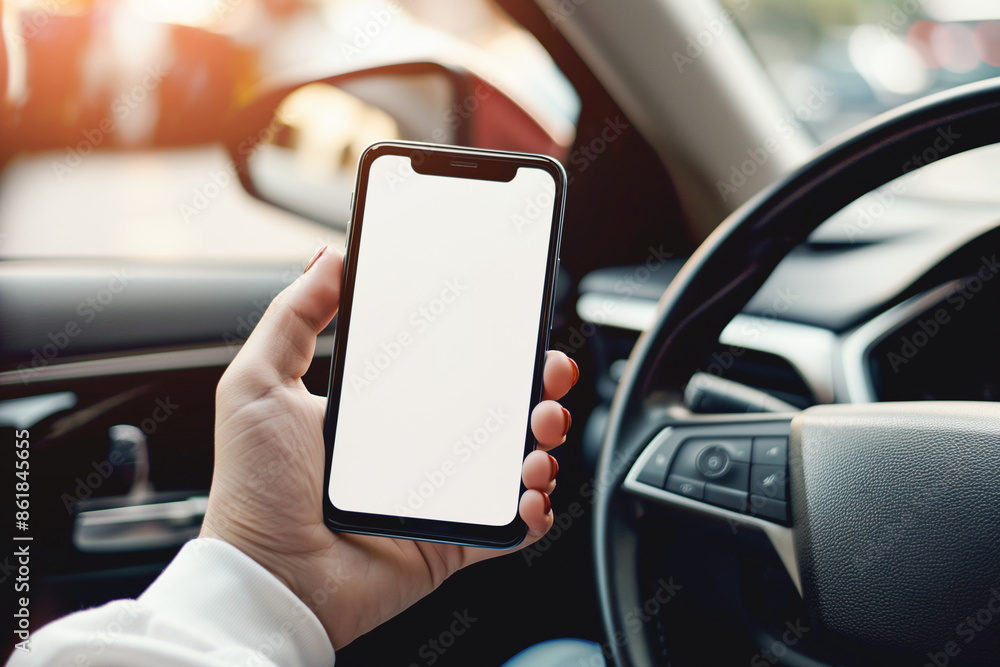 A woman's hand holds a smartphone with a blank screen mock up inside a car. car dashboard in the background. Concept for navigation, mobile applications and automotive technology. A woman's hand holds a smartphone with a blank screen mock up inside a car. car dashboard in the background. Concept for navigation, mobile applications and automotive technology.