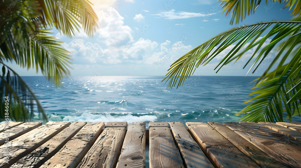 Wooden deck overlooking ocean. Generative by AI Wooden deck overlooking ocean. Generative by AI