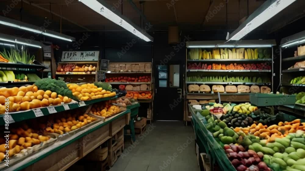 Interior of a Small Grocery Store with Fresh Produce Displayed on Shelves Interior of a Small Grocery Store with Fresh Produce Displayed on Shelves