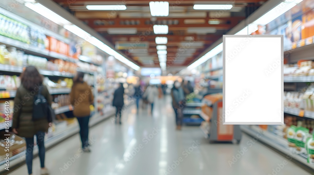 Fototapeta premium Blank advertising billboard signage in supermarket aisle with blurred background, mockup for marketing advertising design