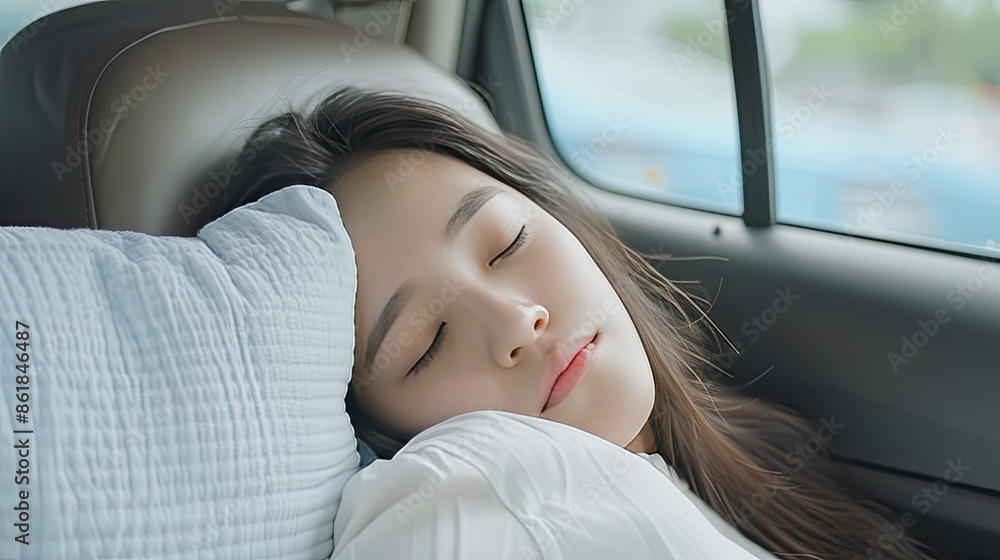 A young woman with long dark hair naps peacefully in a car seat, resting her head on a white pillow