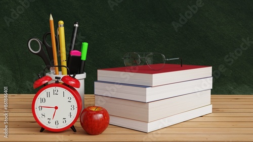 School stationary on green chalkboard back to school 3d render illustration