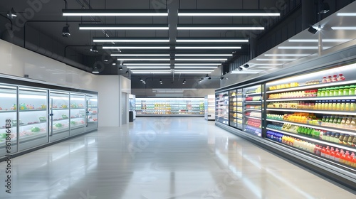 Wallpaper Mural Modern, empty supermarket aisle with bright lights and refrigerated shelves stocked with drinks and produce. Concept of retail, grocery shopping, consumerism, and food industry. Torontodigital.ca
