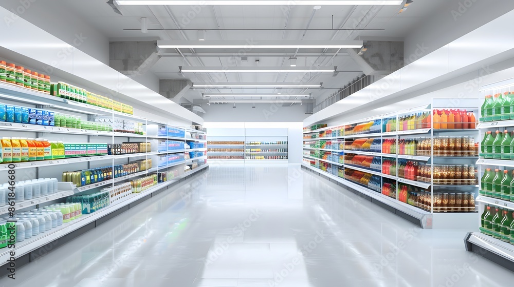 Obraz premium Bright and clean supermarket aisle stocked with products. Retail, grocery shopping, consumerism concept.