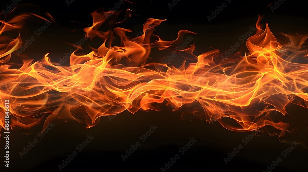 Fototapeta premium Fiery flames blazing on black background. Dramatic fire texture for inferno, heat, danger, and energy concepts.