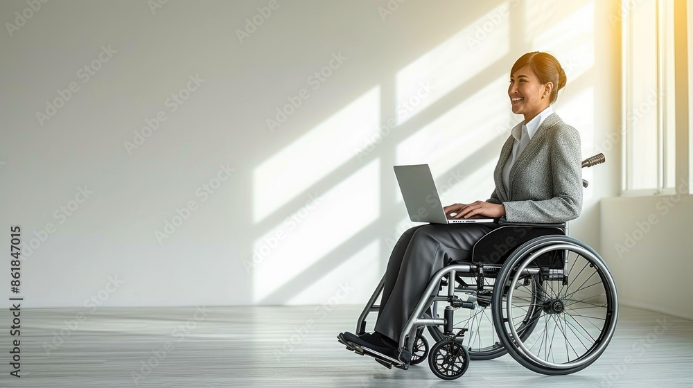 Successful Businesswoman in Wheelchair Working in Minimalist Office Successful Businesswoman in Wheelchair Working in Minimalist Office