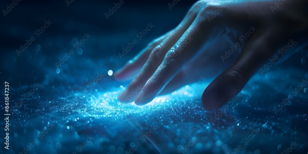 Fototapeta premium Woman's Hand Touching Digital Metaverse, Symbolizing the Next Era of Technology. Concept Digital Metaverse, Technology Evolution, Future Innovation