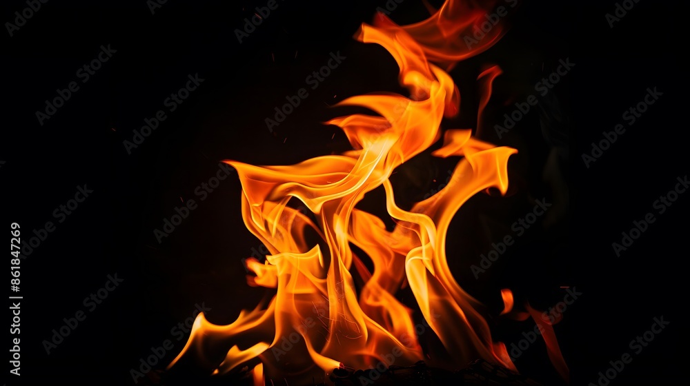 Fototapeta premium Blazing Fire Flames on Black Background. Abstract Inferno