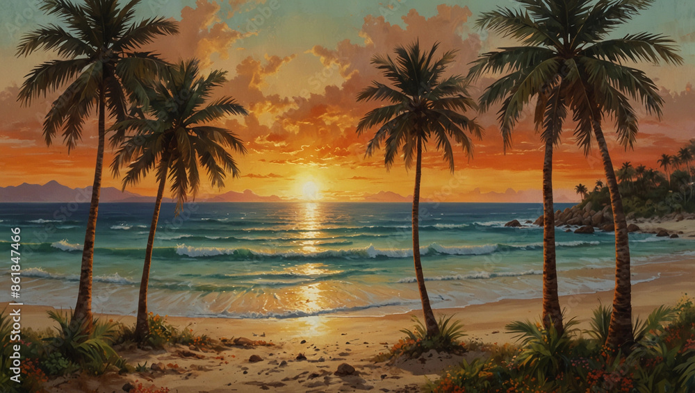 Artistic abstract summer collage palm trees beach scenery in sunset hues vintage charm vibrant tropical textures Artistic abstract summer collage palm trees beach scenery in sunset hues vintage charm vibrant tropical textures