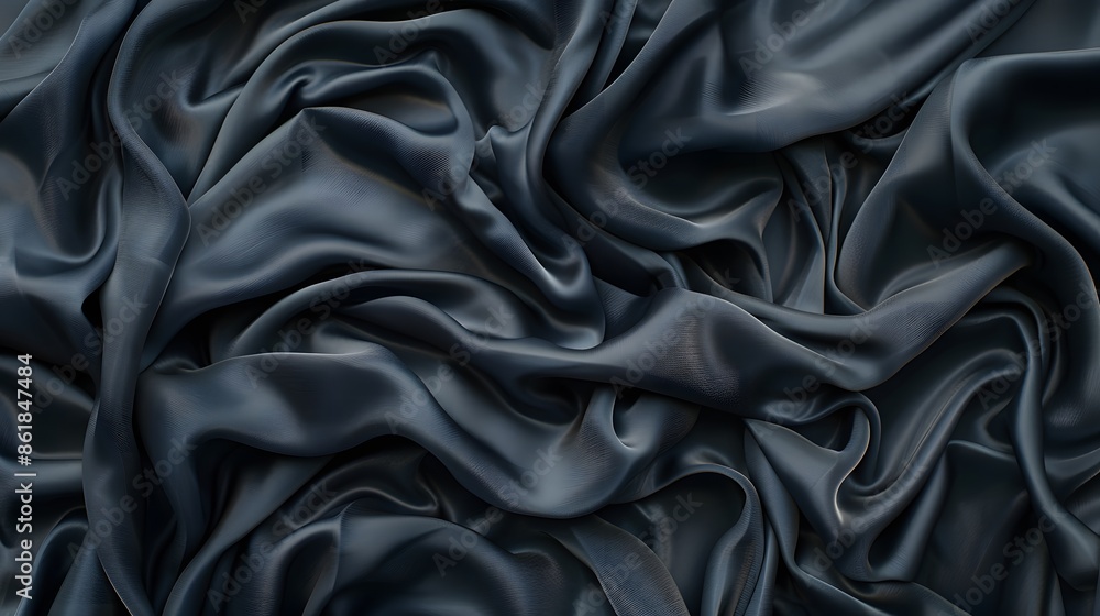 Fototapeta premium Luxurious Black Satin Fabric Background. Abstract Texture of Flowing, Smooth Drapery