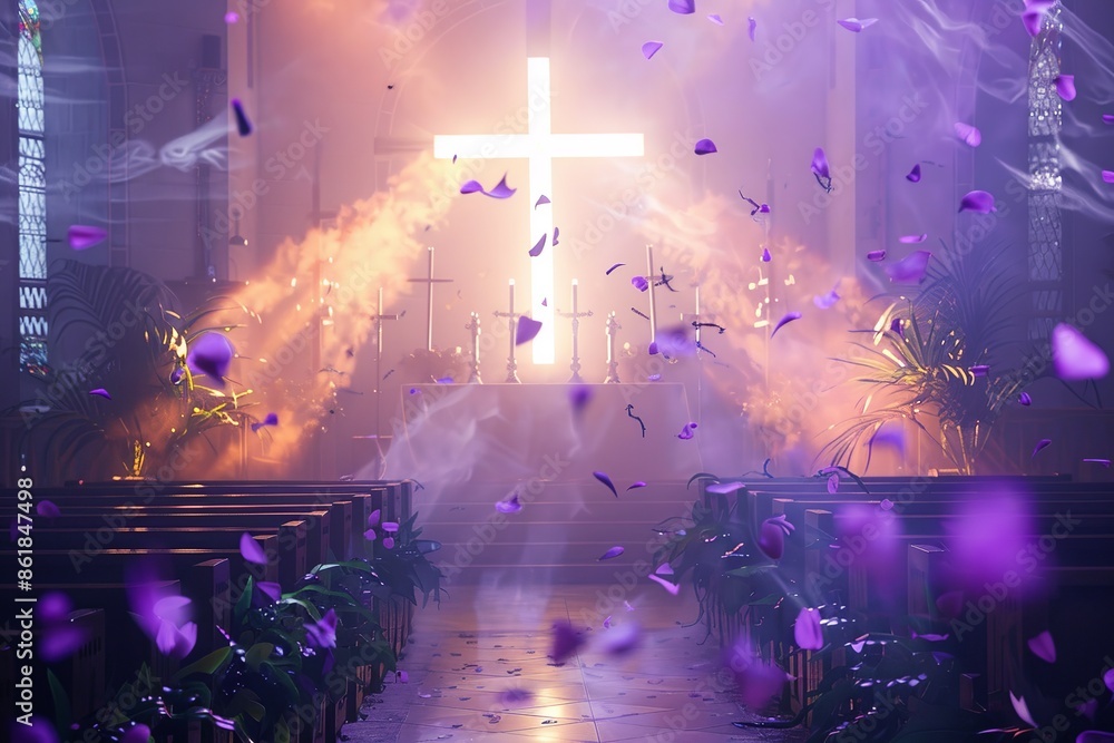 Church altar filled with vibrant lights and smoke, with purple petals falling from the ceiling. Perfect for themes of celebration and spiritual ambiance. Church altar filled with vibrant lights and smoke, with purple petals falling from the ceiling. Perfect for themes of celebration and spiritual ambiance.