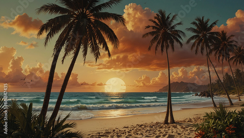 Fototapeta Naklejka Na Ścianę i Meble -  Artistic abstract summer collage palm trees beach scenery in sunset hues vintage charm vibrant tropical textures