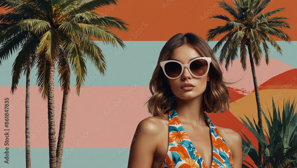 Chic female summer mood collage stylish woman in sunglasses vintage cut-and-paste palm trees vibrant elements