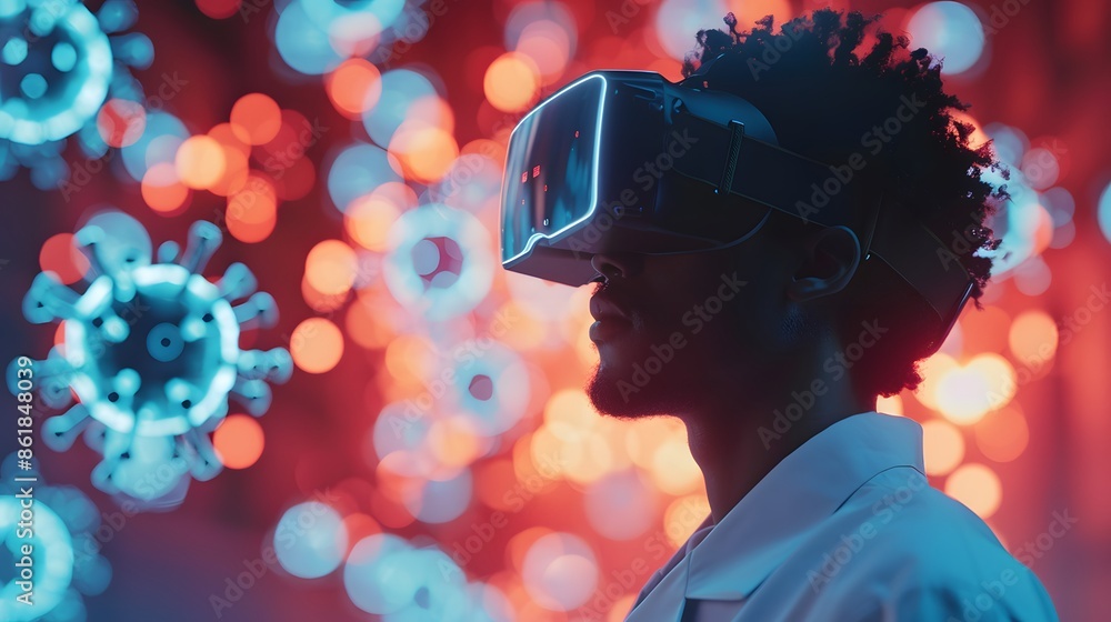 A dark-skinned curly-haired man in a white lab coat and virtual reality glasses looks at holograms of coronavirus, chemical elements and molecules A dark-skinned curly-haired man in a white lab coat and virtual reality glasses looks at holograms of coronavirus, chemical elements and molecules