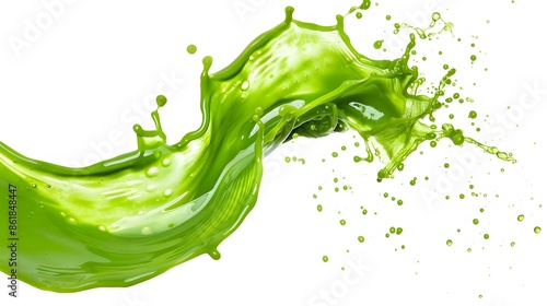 Green juice splash isolated on white background. Dynamic liquid motion, healthy drink or smoothie advertising concept