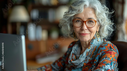 Stylish senior woman with gray hair and glasses smiles while working on computer in home office setting