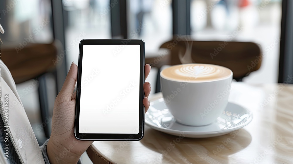 A person holds a tablet with a blank screen, showcasing its display. A steaming cup of coffee sits on the table beside the person, in a cafe setting A person holds a tablet with a blank screen, showcasing its display. A steaming cup of coffee sits on the table beside the person, in a cafe setting