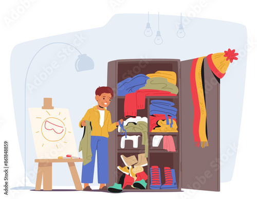Young Boy Organizing A Messy Closet In His Bedroom, Surrounded By Clothing And Shoes, Cartoon Vector Scene