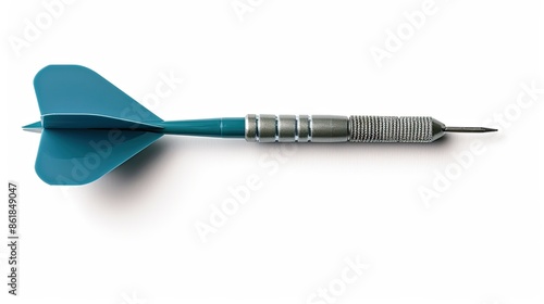 A single blue dart with a silver barrel lies on a white surface, its point facing the right side of the image © lililia