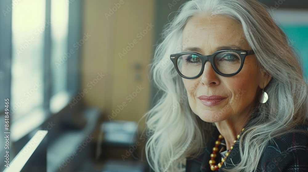 Elegant elderly woman with gray hair, wearing glasses, looks confidently at camera while working on computer in cafe Elegant elderly woman with gray hair, wearing glasses, looks confidently at camera while working on computer in cafe