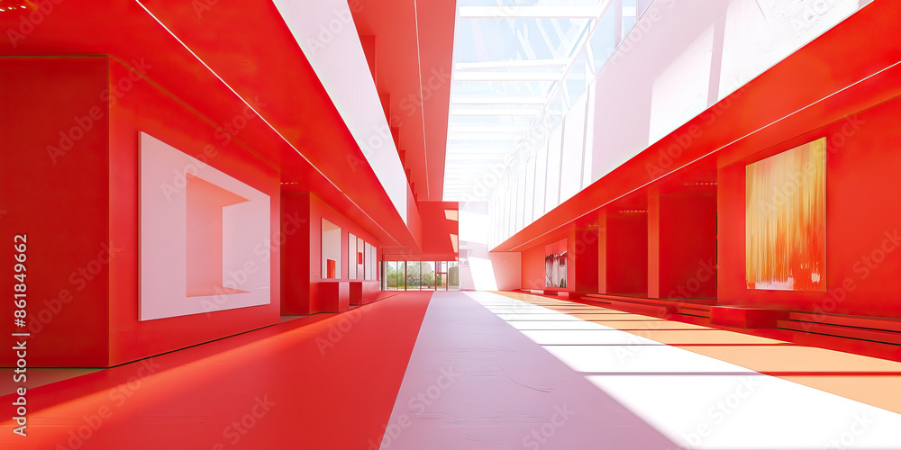 Fototapeta premium Vibrant red paint adds a pop of color to the sleek and modern interior of the newly renovated art museum