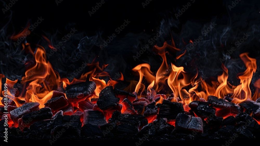 Burning Charcoal Embers with Glowing Flames and Smoke. A Dramatic Background of Fire, Heat, and Energy Burning Charcoal Embers with Glowing Flames and Smoke. A Dramatic Background of Fire, Heat, and Energy