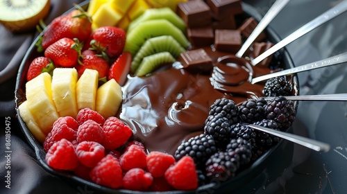 Chocolate fondue with an assortment of fresh fruits, like strawberries, raspberries, pineapple, kiwi and blackberries photo
