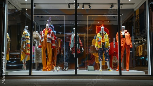 High-End Fashion Store Window Display with Trendy Designer Outfits and Chic Accessories photo