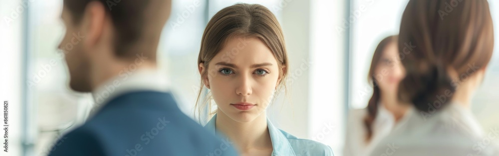 Hilarious manager looking at camera. Colleagues standing behind her. Portrait Hilarious manager looking at camera. Colleagues standing behind her. Portrait