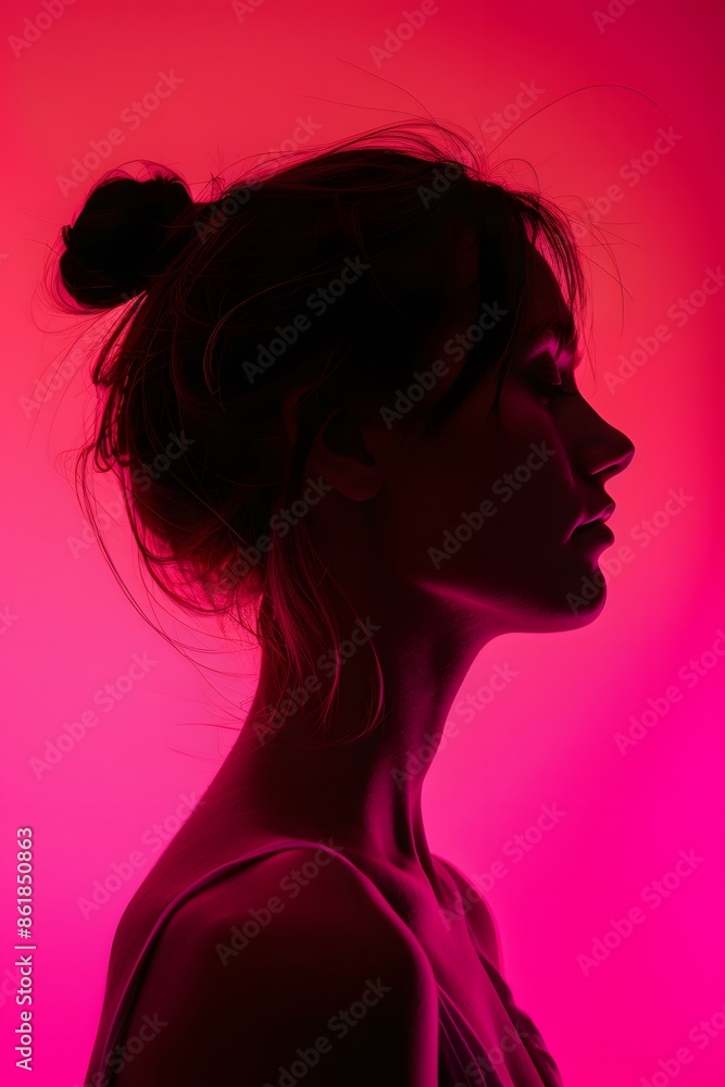 Silhouette of a young woman on a vibrant pink background. Concept of beauty, mystery, anonymity, and individuality Silhouette of a young woman on a vibrant pink background. Concept of beauty, mystery, anonymity, and individuality