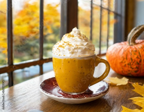 Cup of pumpkin spice latte in a coffee shop during the fall; coffee, pumpkins, fall foliage, cafe