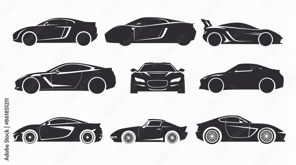Set of sports car logos in silhouette. Emblem for motor vehicle dealerships. Symbol for auto garages. Icon for showroom dealers. Vector illustration. Set of sports car logos in silhouette. Emblem for motor vehicle dealerships. Symbol for auto garages. Icon for showroom dealers. Vector illustration.