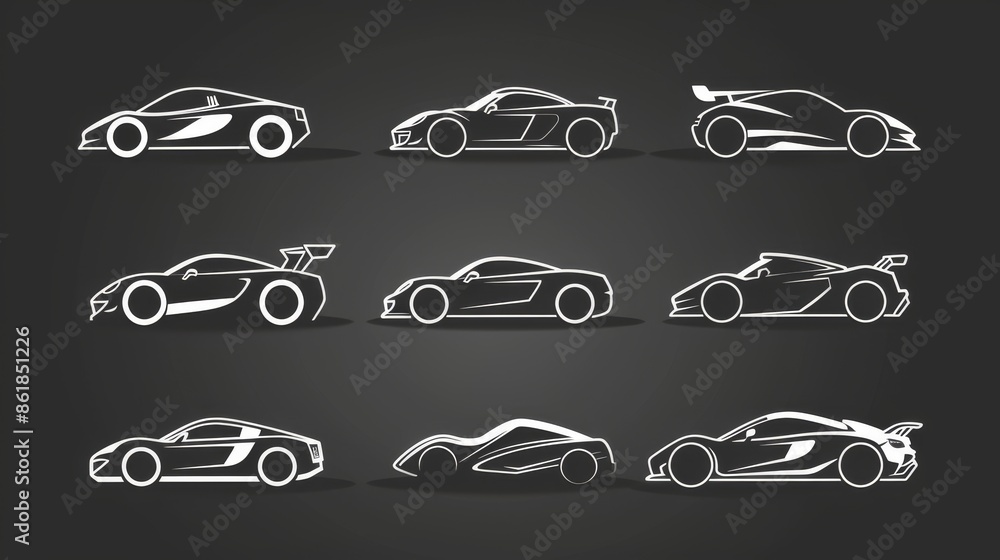 Set of sports car logos in silhouette. Emblem for motor vehicle dealerships. Symbol for auto garages. Icon for showroom dealers. Vector illustration. Set of sports car logos in silhouette. Emblem for motor vehicle dealerships. Symbol for auto garages. Icon for showroom dealers. Vector illustration.