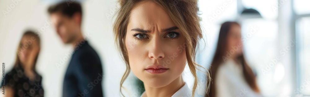 Hilarious manager looking at camera. Colleagues standing behind her. Portrait Hilarious manager looking at camera. Colleagues standing behind her. Portrait