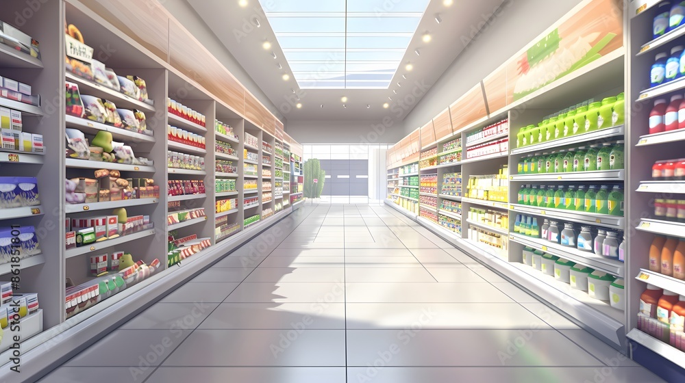 Empty supermarket aisle with shelves full of various products. Retail, grocery shopping, consumerism concept. Empty supermarket aisle with shelves full of various products. Retail, grocery shopping, consumerism concept.