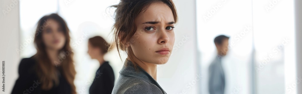Hilarious manager looking at camera. Colleagues standing behind her. Portrait Hilarious manager looking at camera. Colleagues standing behind her. Portrait