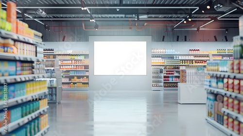Modern Supermarket Interior with Blank Billboard, Empty Aisles and Shelves Full of Products. Retail, Commerce and Consumerism Concept.