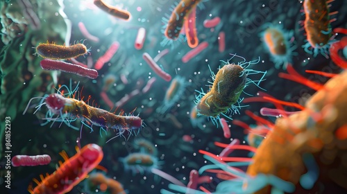 Enterobacterias Gram negativas Proteobacteria, bacteria such as salmonella, escherichia coli, yersinia pestis, klebsiella. 3D illustration. AI generated illustration