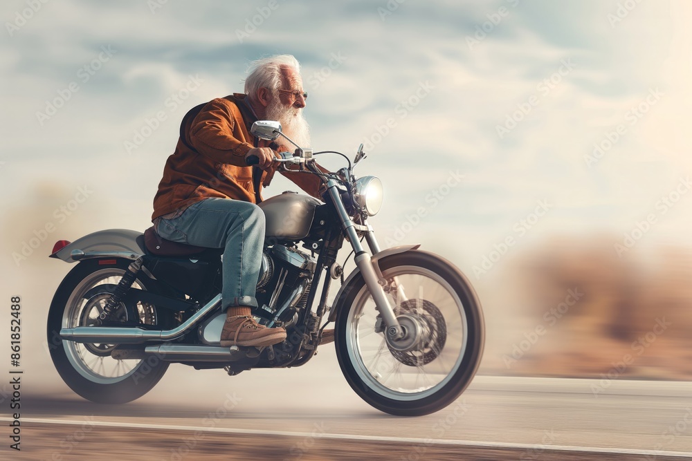 Obraz premium An elderly biker with white hair rides a motorcycle at high speed along an open road, capturing the essence of freedom and the spirit of exploration in a dynamic scene.