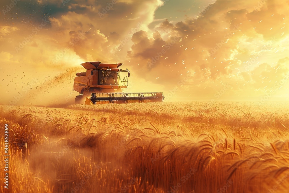 Fototapeta premium Advanced Combine Harvester Cutting Through Golden Wheat Field Under a Sunny Sky