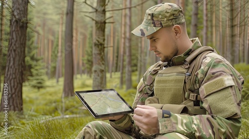 A soldier in camouflage fatigues sits in a forest and examines a digital map on a tablet
