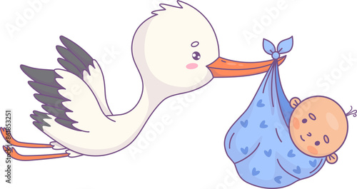 Stork with newborn baby boy. Funny  cartoon bird kawaii