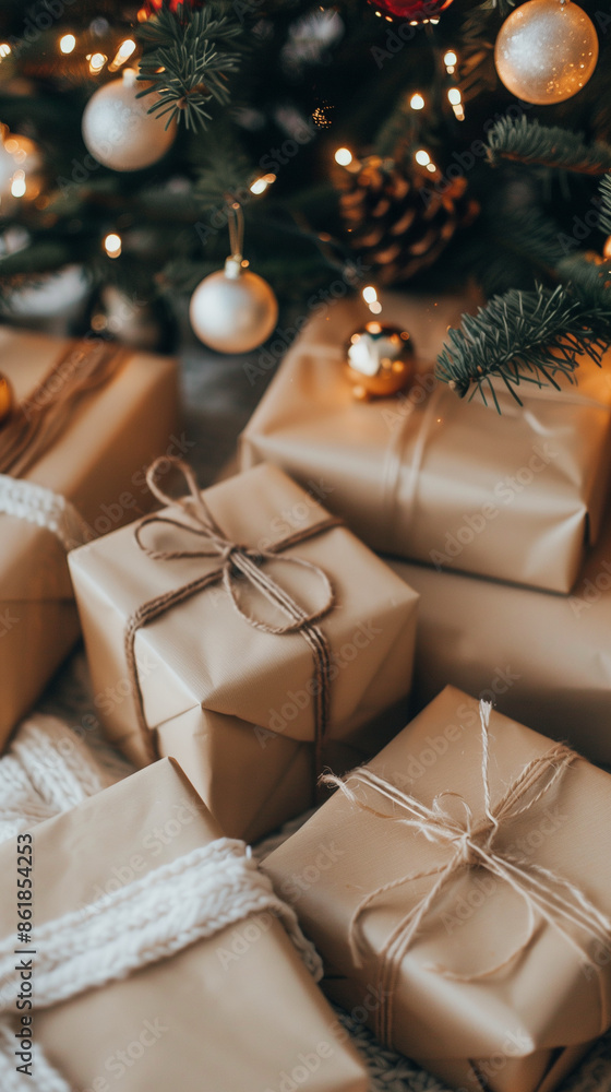 Christmas gifts wrapped in paper under Christmas tree Christmas gifts wrapped in paper under Christmas tree