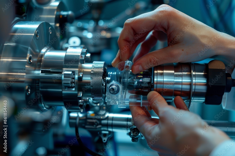 Naklejka premium Researcher Adjusting Advanced Hydrogen Fuel Cell Technology in Modern Laboratory Setting