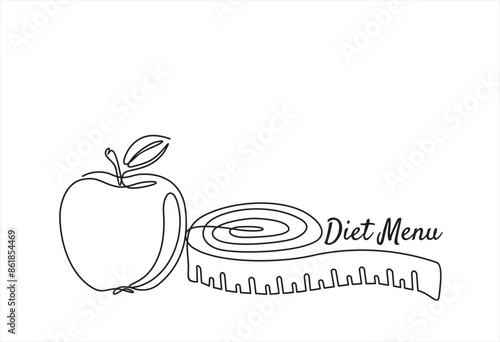 Continuous one line drawing of Measure tape and apple. Diet menu. Healthy eating and dieting, line art concept.