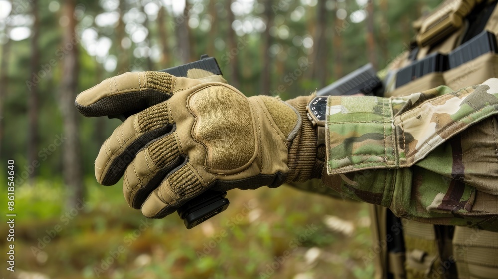 Fototapeta premium A close-up of a soldiers hand wearing tactical gloves holding a gun magazine in a forest