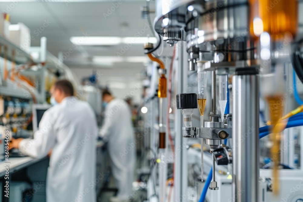 Advanced Bioenergy Research Equipment in Laboratory Environment with Scientists Discussing Results Advanced Bioenergy Research Equipment in Laboratory Environment with Scientists Discussing Results